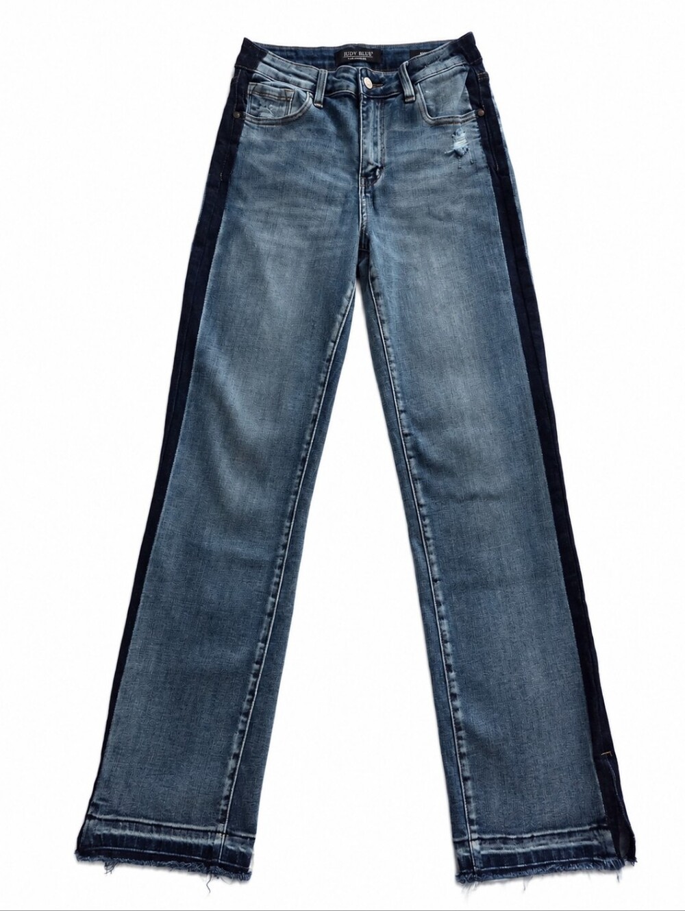 Judy Blue Two Tone Tuxedo Stripe Straight Leg Jeans Distressed Raw Hem, Size 27